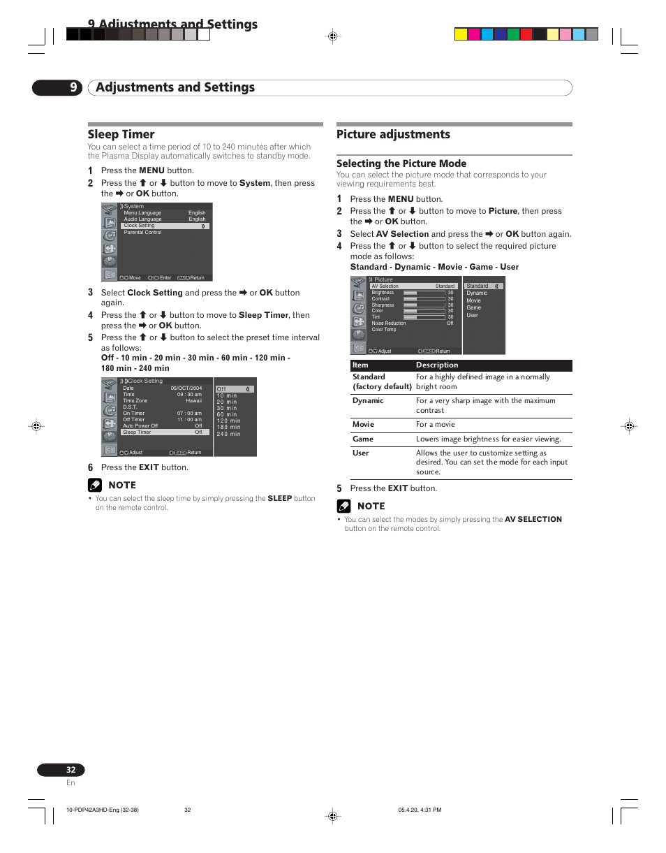 9adjustments and settings, 9 adjustments and settings, Picture adjustments | Sleep timer | Pioneer PDP-4214HD User Manual | Page 32 / 47