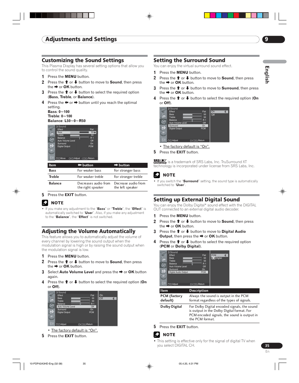 9adjustments and settings, Customizing the sound settings, Adjusting the volume automatically | Setting the surround sound, Setting up external digital sound, English | Pioneer PDP-4214HD User Manual | Page 35 / 47