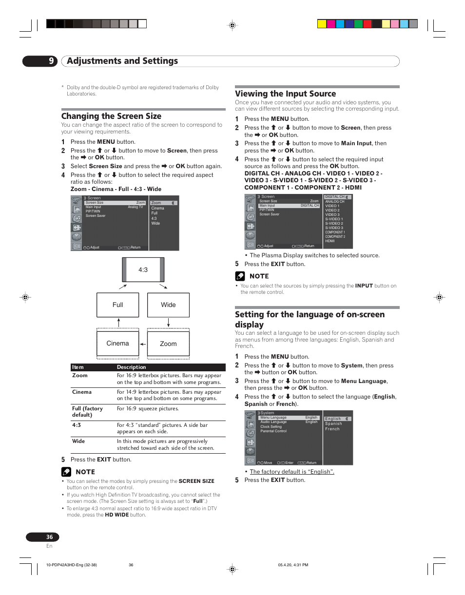 9adjustments and settings, Changing the screen size, Viewing the input source | Setting for the language of on-screen display | Pioneer PDP-4214HD User Manual | Page 36 / 47