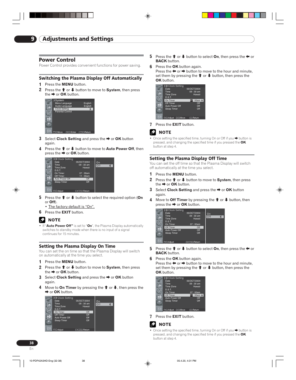 9adjustments and settings, Power control, Setting the plasma display off time | Switching the plasma display off automatically 1, Setting the plasma display on time | Pioneer PDP-4214HD User Manual | Page 38 / 47