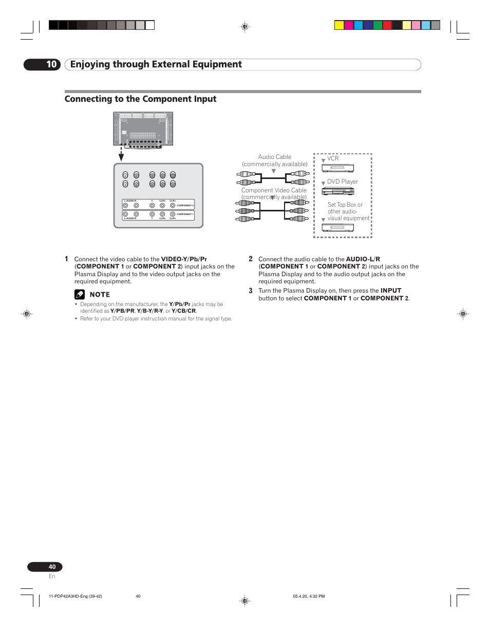 10 enjoying through external equipment, Connecting to the component input | Pioneer PDP-4214HD User Manual | Page 40 / 47