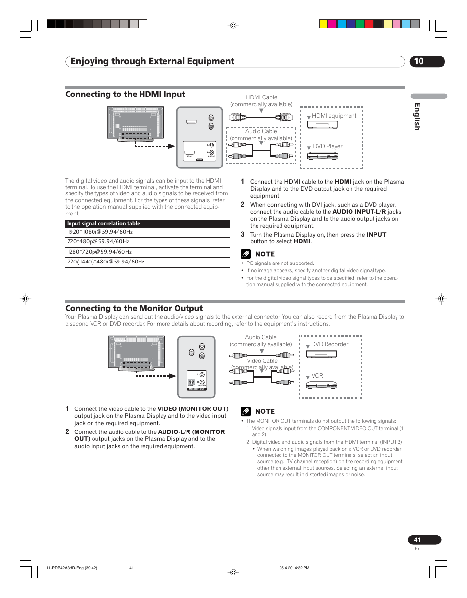 10 enjoying through external equipment, Connecting to the hdmi input, Connecting to the monitor output | English | Pioneer PDP-4214HD User Manual | Page 41 / 47