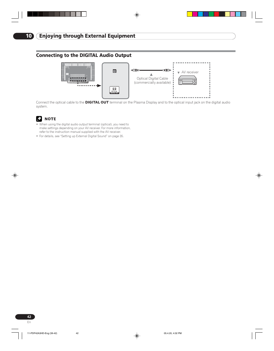 10 enjoying through external equipment, Connecting to the digital audio output | Pioneer PDP-4214HD User Manual | Page 42 / 47