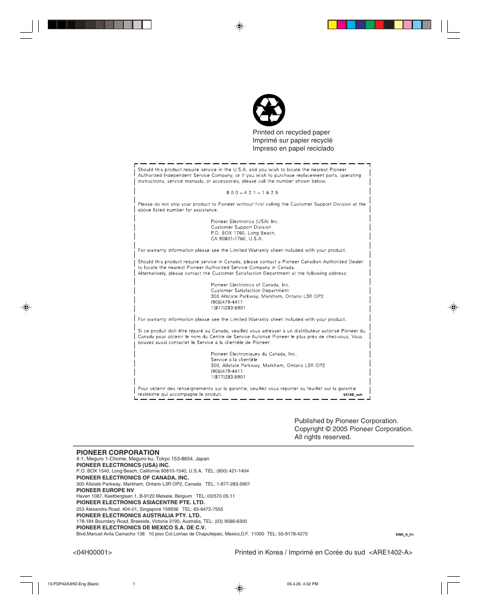 Pioneer PDP-4214HD User Manual | Page 47 / 47