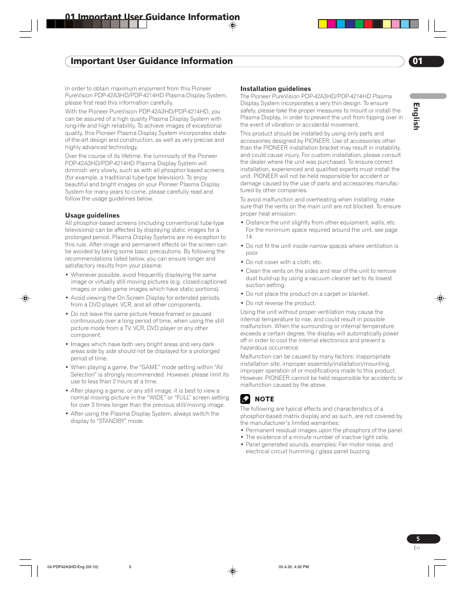 01 important user guidance information, English | Pioneer PDP-4214HD User Manual | Page 5 / 47