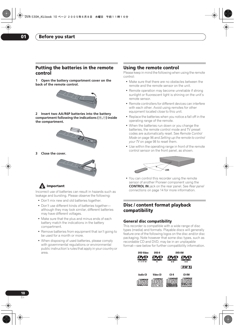 Putting the batteries in the remote control, Using the remote control, Disc / content format playback compatibility | Before you start 01 | Pioneer DVR-531H-S User Manual | Page 10 / 116