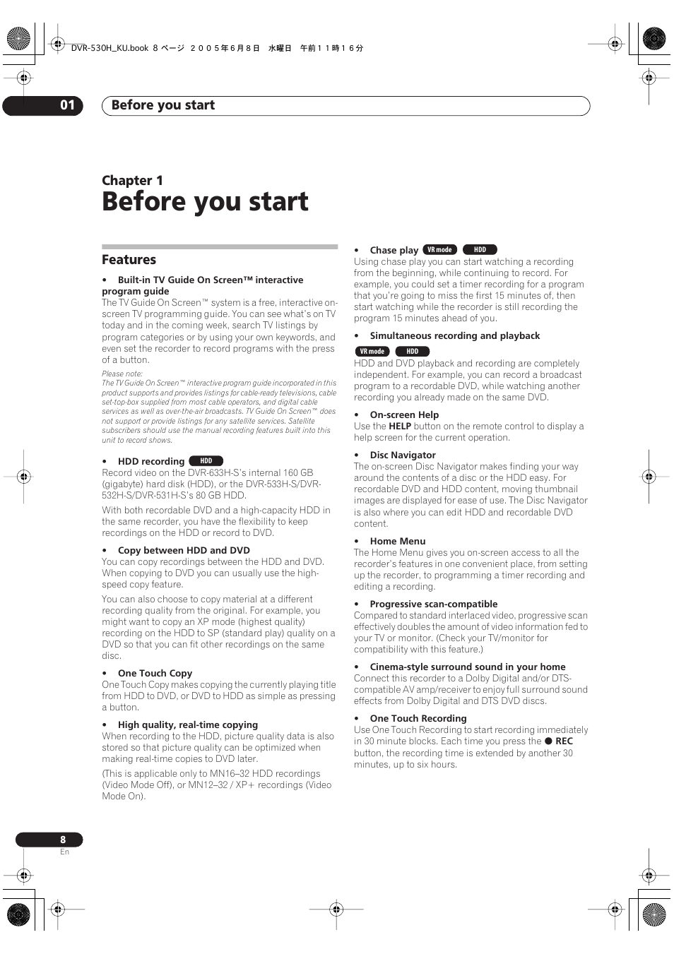 01 before you start, Features, Before you start | Before you start 01, Chapter 1 | Pioneer DVR-531H-S User Manual | Page 8 / 116