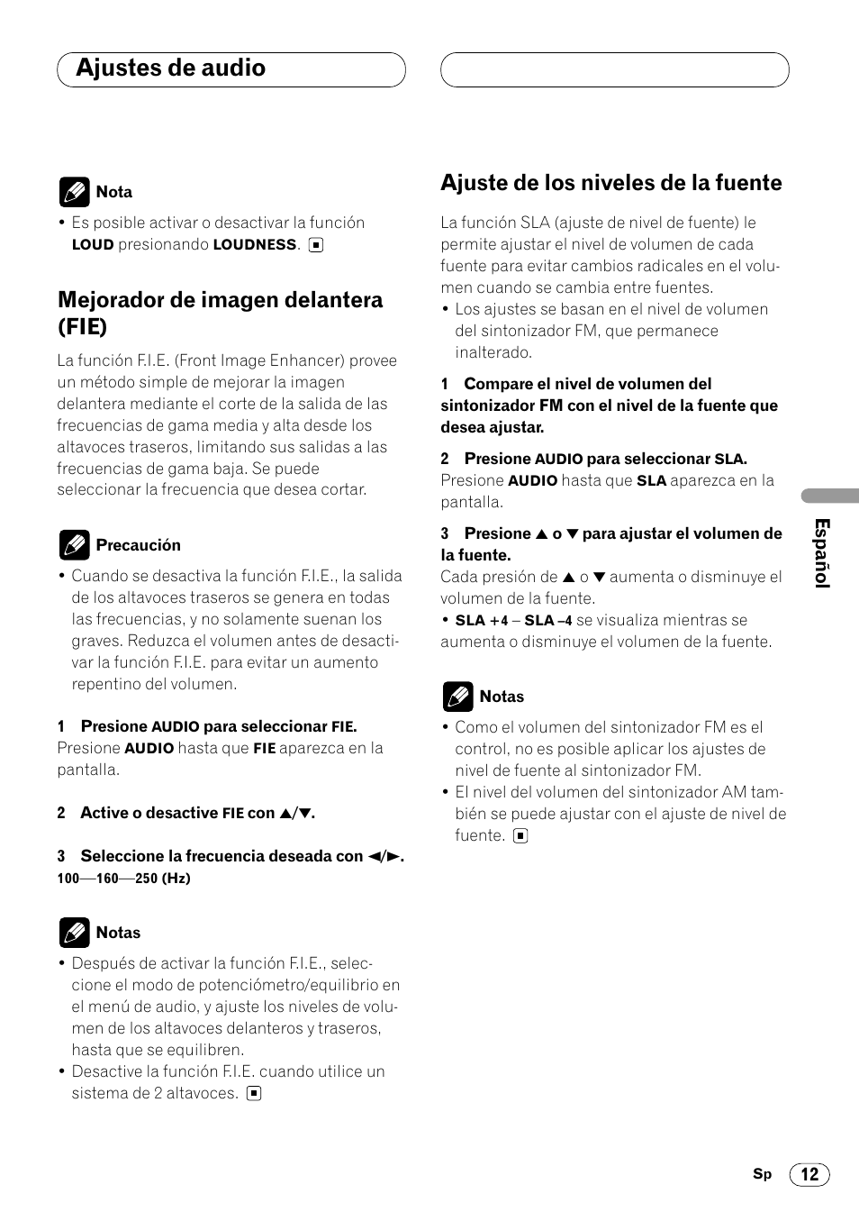 Ajustes de audio, Mejorador de imagen delantera (fie), Ajuste de los niveles de la fuente | Pioneer DEH-14 User Manual | Page 45 / 52