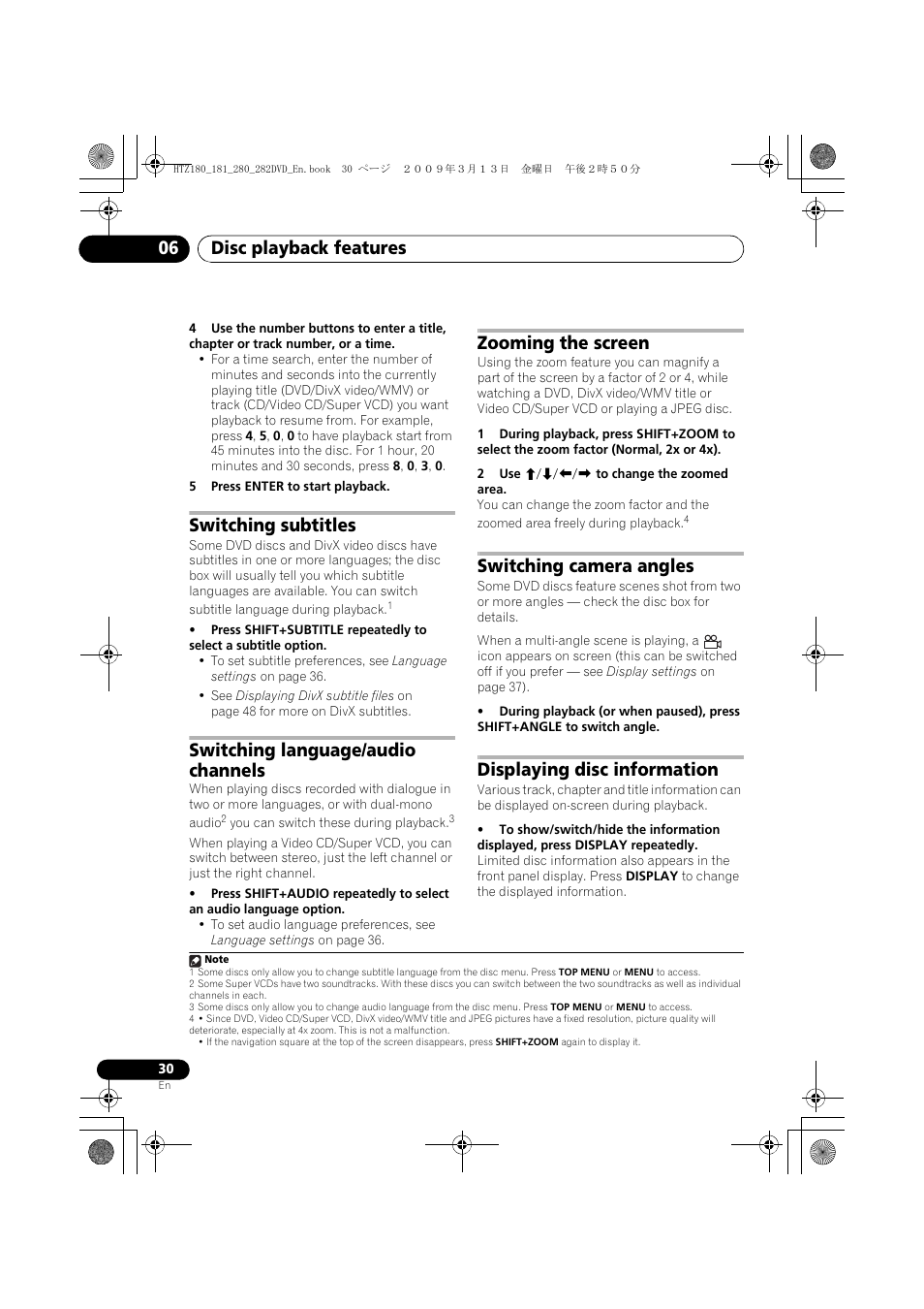 Switching subtitles, Switching language/audio channels, Zooming the screen | Switching camera angles, Displaying disc information, D 30), Disc playback features 06 | Pioneer HTZ180DVD User Manual | Page 30 / 122