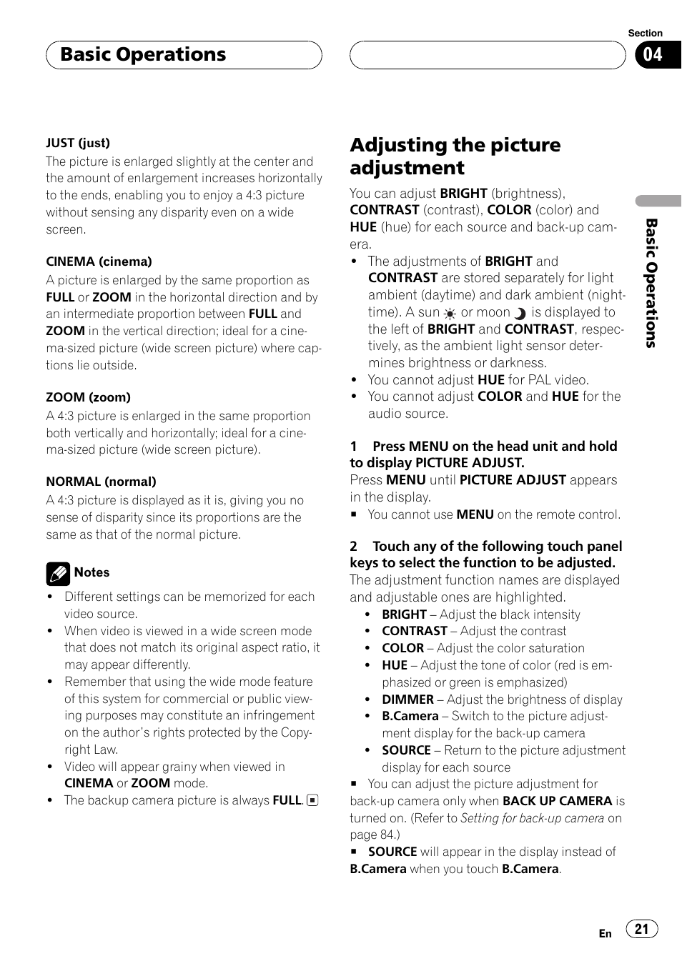 Adjusting the picture adjustment 21, Adjusting the picture adjustment, Basic operations | Pioneer AVH-P7550DVD User Manual | Page 21 / 104