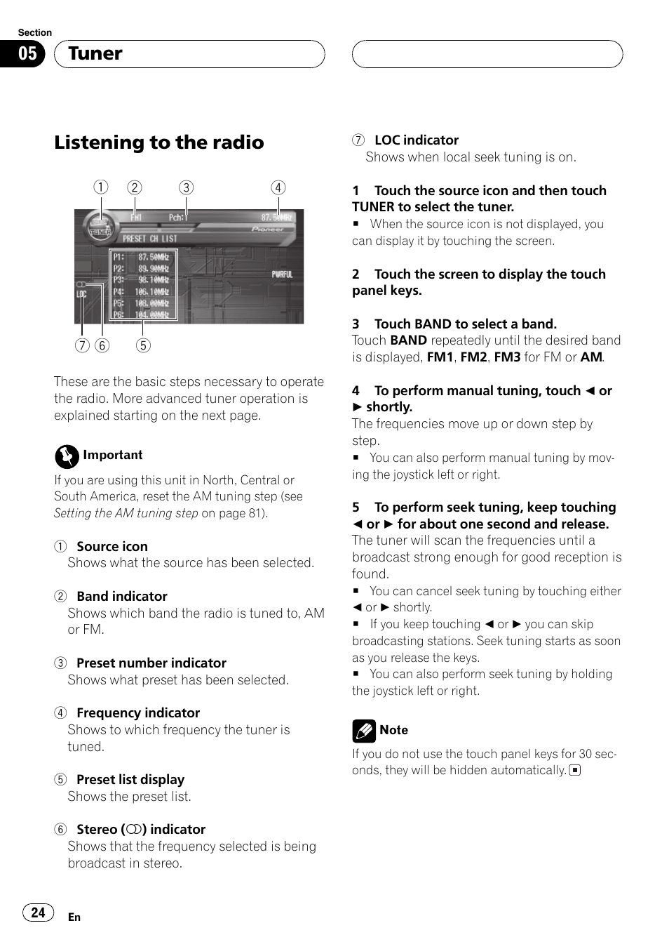 Tuner listening to the radio 24, Listening to the radio, Tuner | Pioneer AVH-P7550DVD User Manual | Page 24 / 104