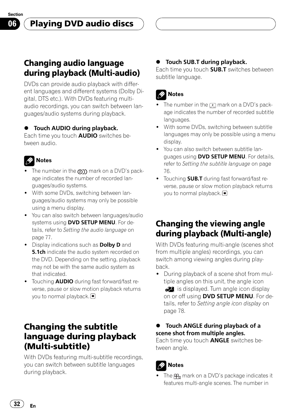 Changing audio language during playback, Multi-audio) 32, Changing the subtitle language during | Playback (multi-subtitle) 32, Changing the viewing angle during playback, Multi-angle) 32, Playing dvd audio discs | Pioneer AVH-P7550DVD User Manual | Page 32 / 104