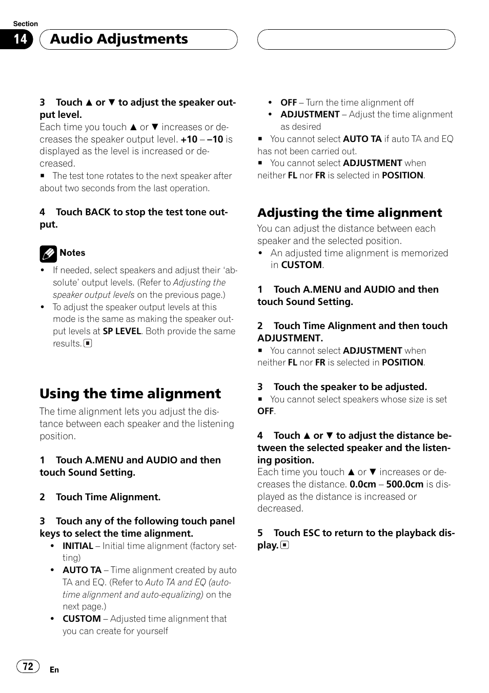 Using the time alignment 72, Using the time alignment, Audio adjustments | Adjusting the time alignment | Pioneer AVH-P7550DVD User Manual | Page 72 / 104