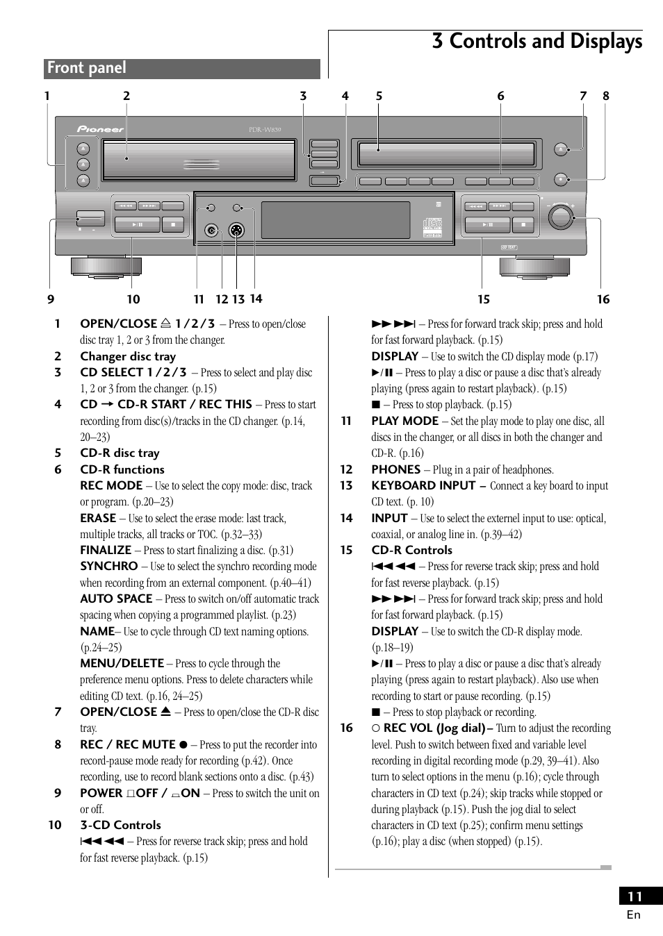 Front panel, 3 controls and displays | Pioneer PDR-W839 User Manual | Page 11 / 52