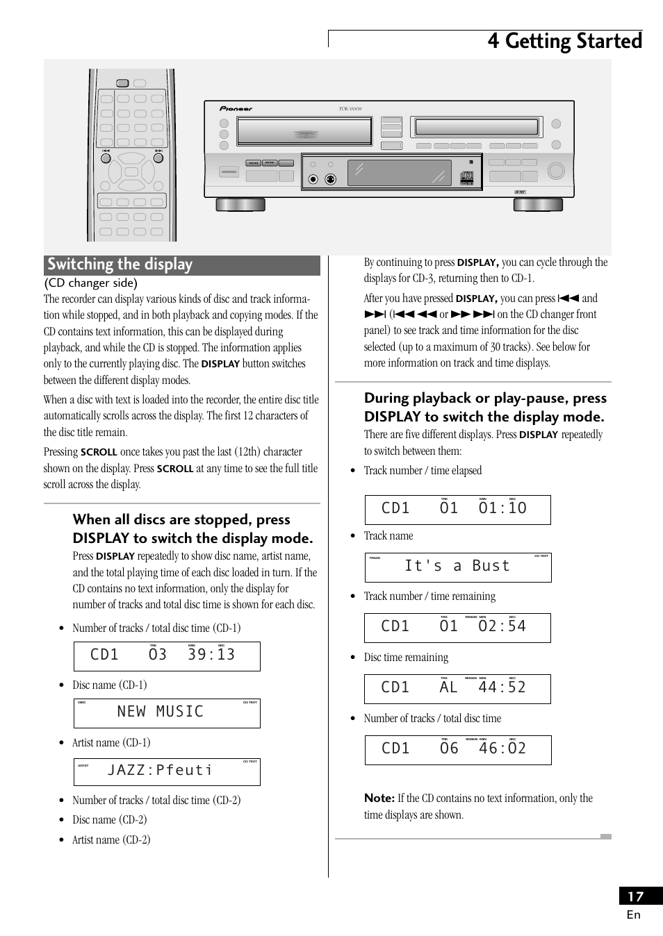 Switching the display, 4 getting started, New music | Cd1 o1 o1:1o, It's a bust, Jazz:pfeuti, Press, Disc name (cd-1), Artist name (cd-1), By continuing to press | Pioneer PDR-W839 User Manual | Page 17 / 52
