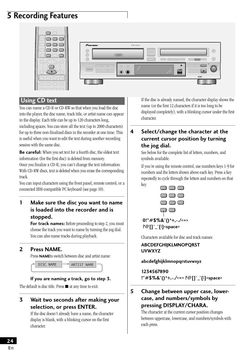 Using cd text, 5 recording features, 2press name | Press, 0!