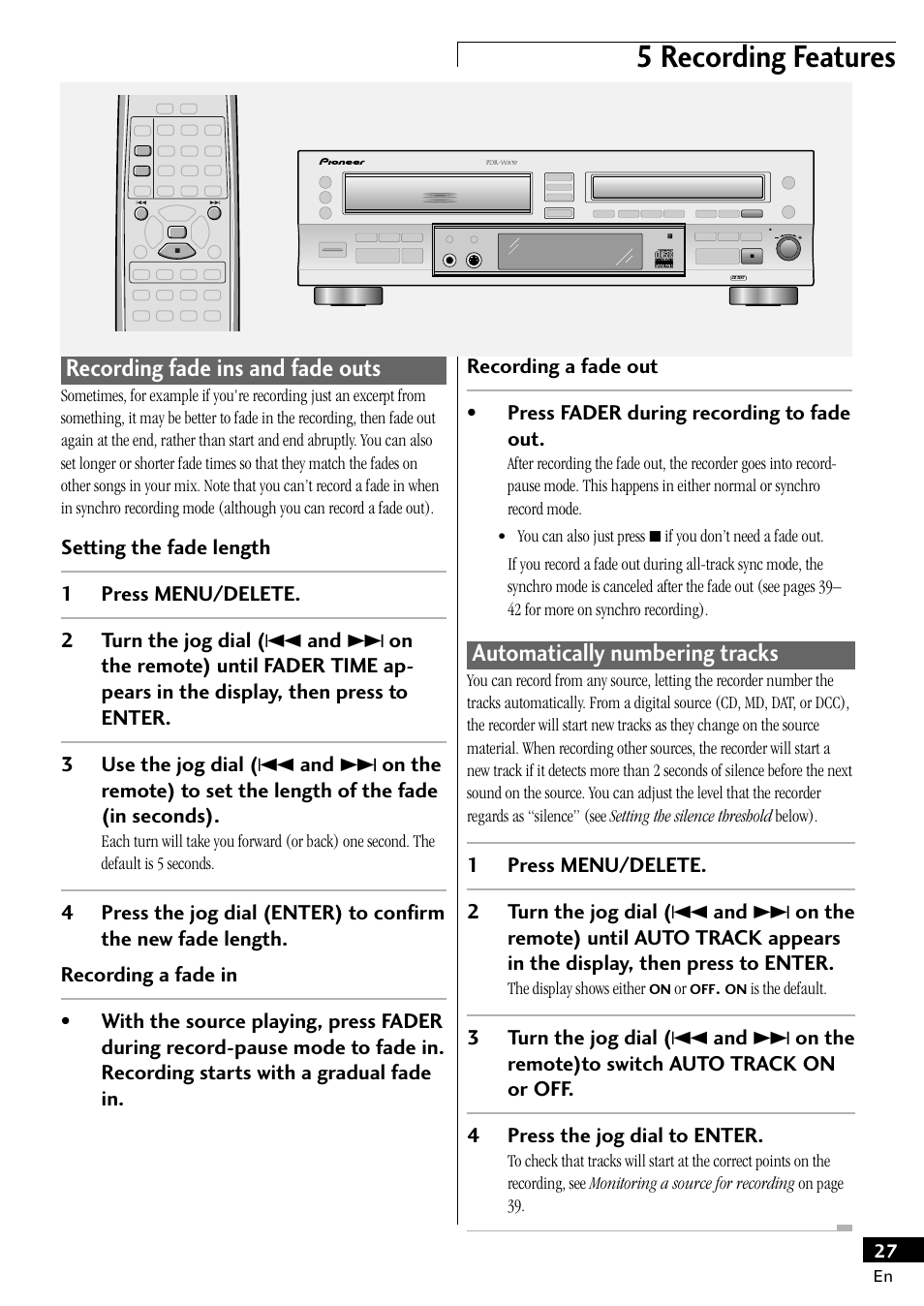 5 recording features, Recording fade ins and fade outs, Automatically numbering tracks | Pioneer PDR-W839 User Manual | Page 27 / 52