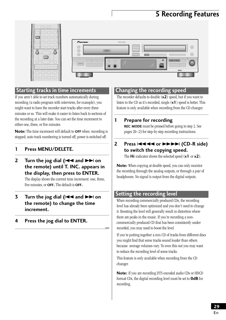 5 recording features, Starting tracks in time increments, Changing the recording speed | Setting the recording level, 1prepare for recording | Pioneer PDR-W839 User Manual | Page 29 / 52