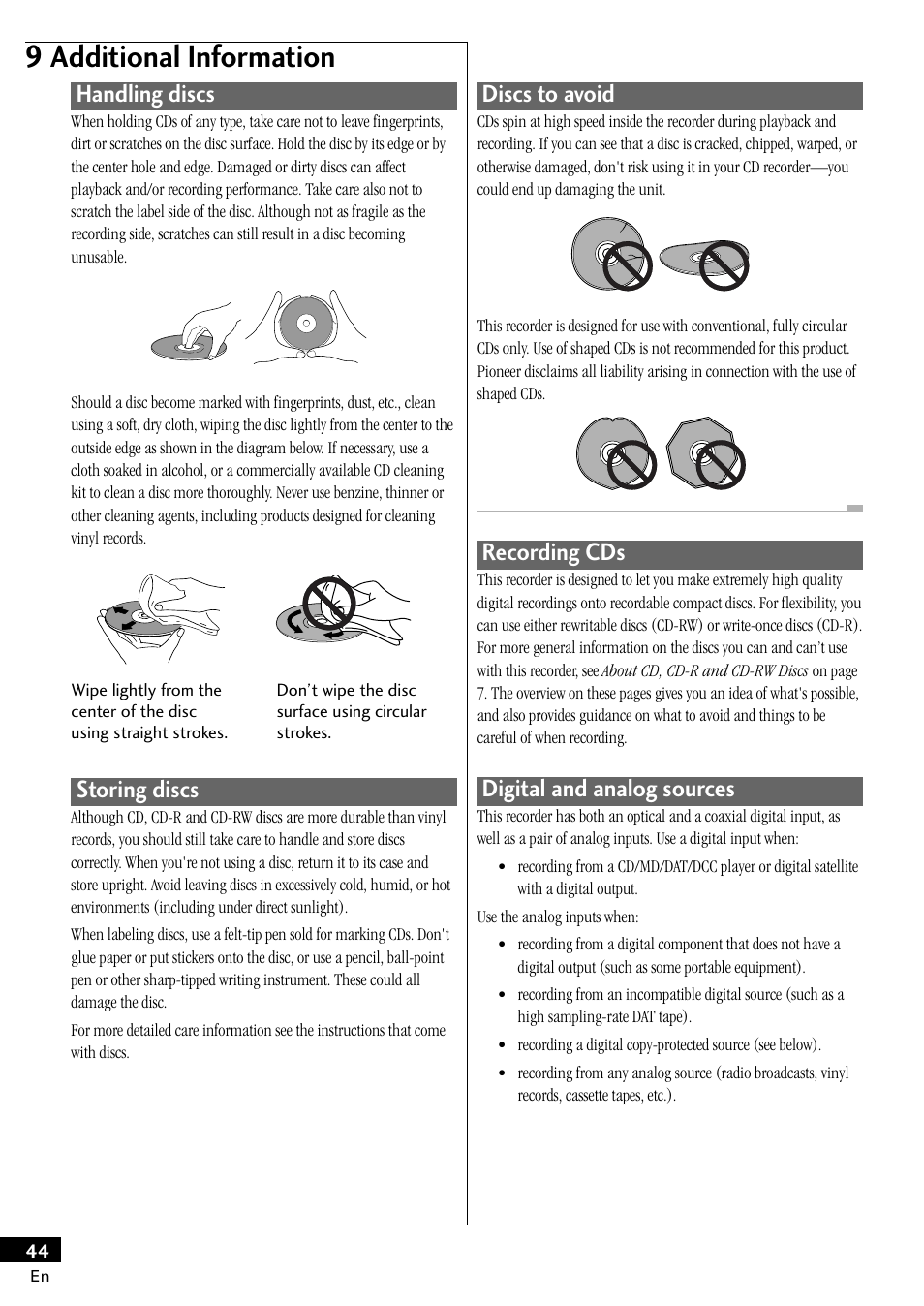 9 additional information, Storing discs, Handling discs | Discs to avoid, Recording cds, Digital and analog sources | Pioneer PDR-W839 User Manual | Page 44 / 52