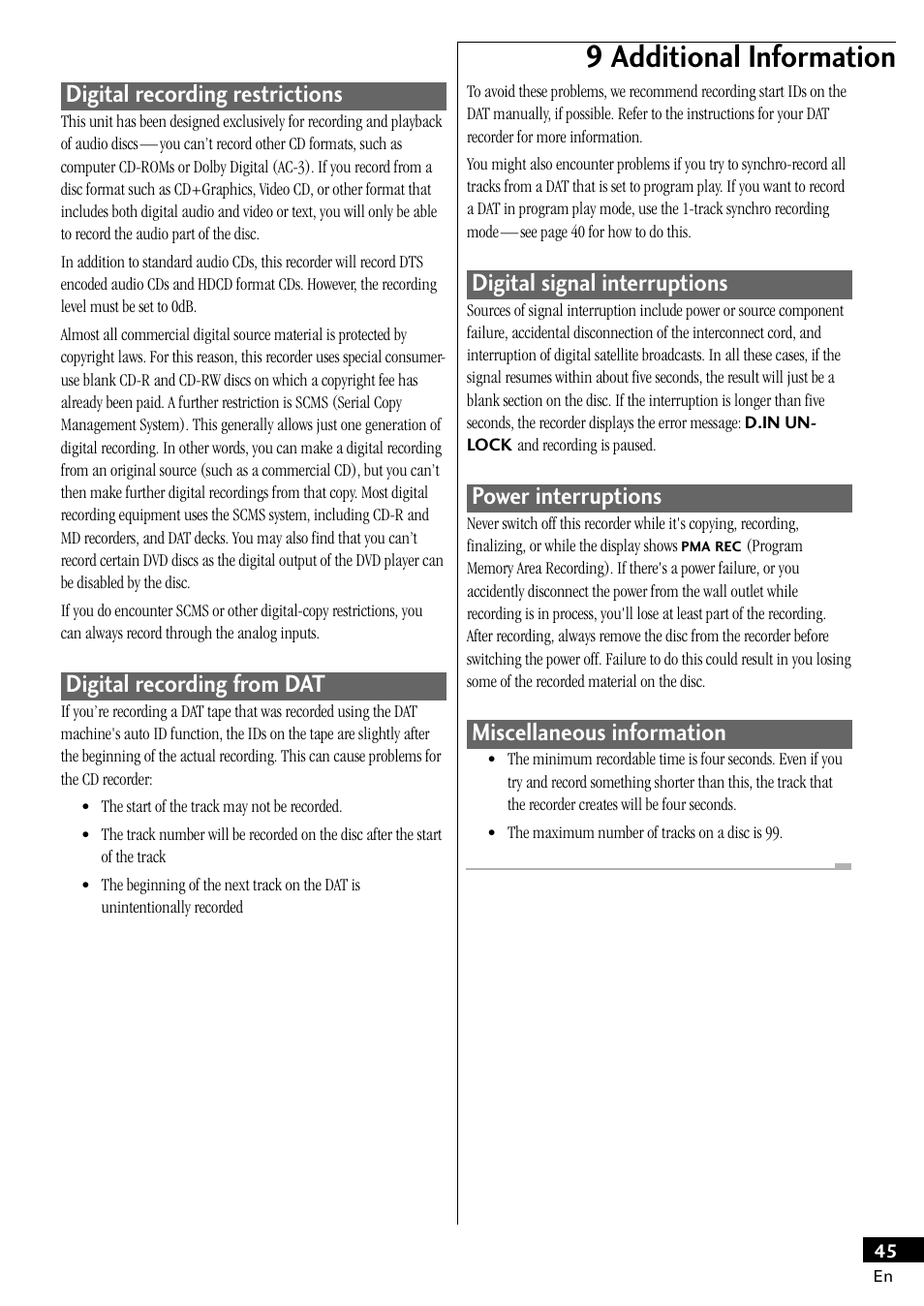 9 additional information, Digital recording restrictions, Digital recording from dat | Digital signal interruptions, Power interruptions, Miscellaneous information | Pioneer PDR-W839 User Manual | Page 45 / 52