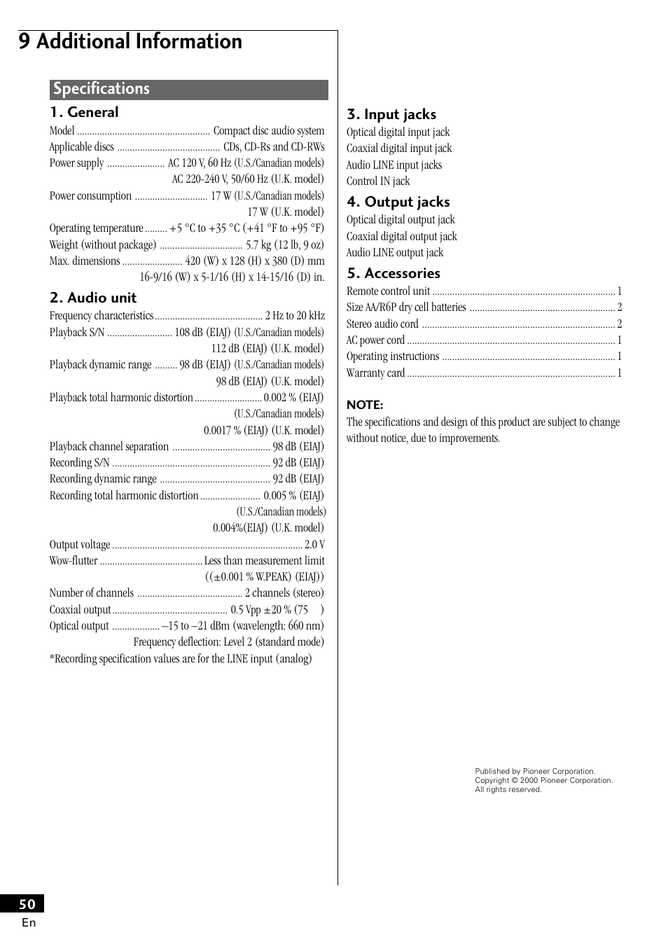 Specifications, 9 additional information | Pioneer PDR-W839 User Manual | Page 50 / 52