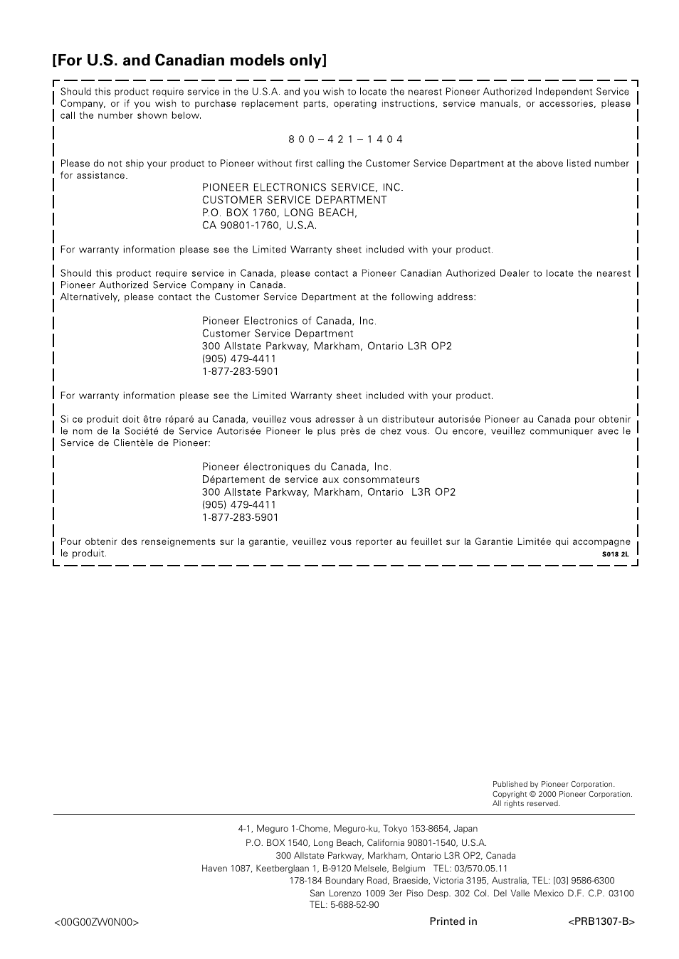 For u.s. and canadian models only, Pioneer corporation | Pioneer PDR-W839 User Manual | Page 52 / 52