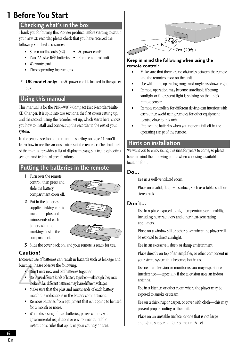 1 before you start, Hints on installation, Checking what's in the box | Using this manual, Putting the batteries in the remote | Pioneer PDR-W839 User Manual | Page 6 / 52