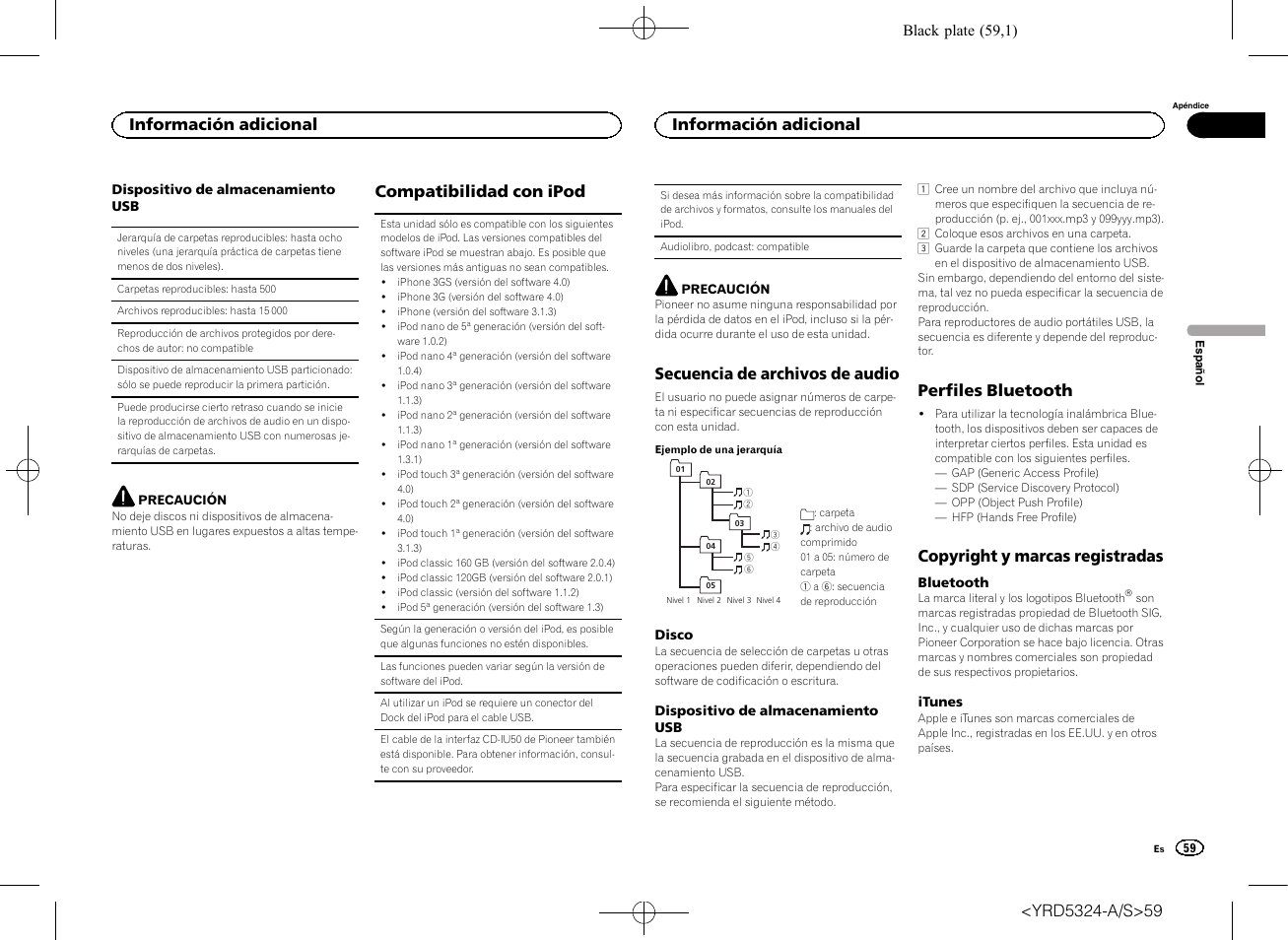 Compatibilidad con ipod, Secuencia de archivos de audio, Perfiles bluetooth | Copyright y marcas registradas, Información adicional | Pioneer DEH-73BT User Manual | Page 59 / 64