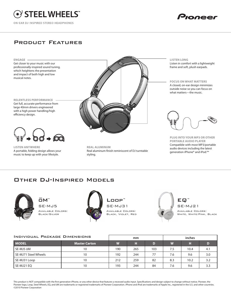 Product features, Other dj-inspired models, O_ m | Loop, Se-mj5, Se-mj31, Individual package dimensions, Se-mj21 | Pioneer SE-MJ21 User Manual | Page 2 / 2