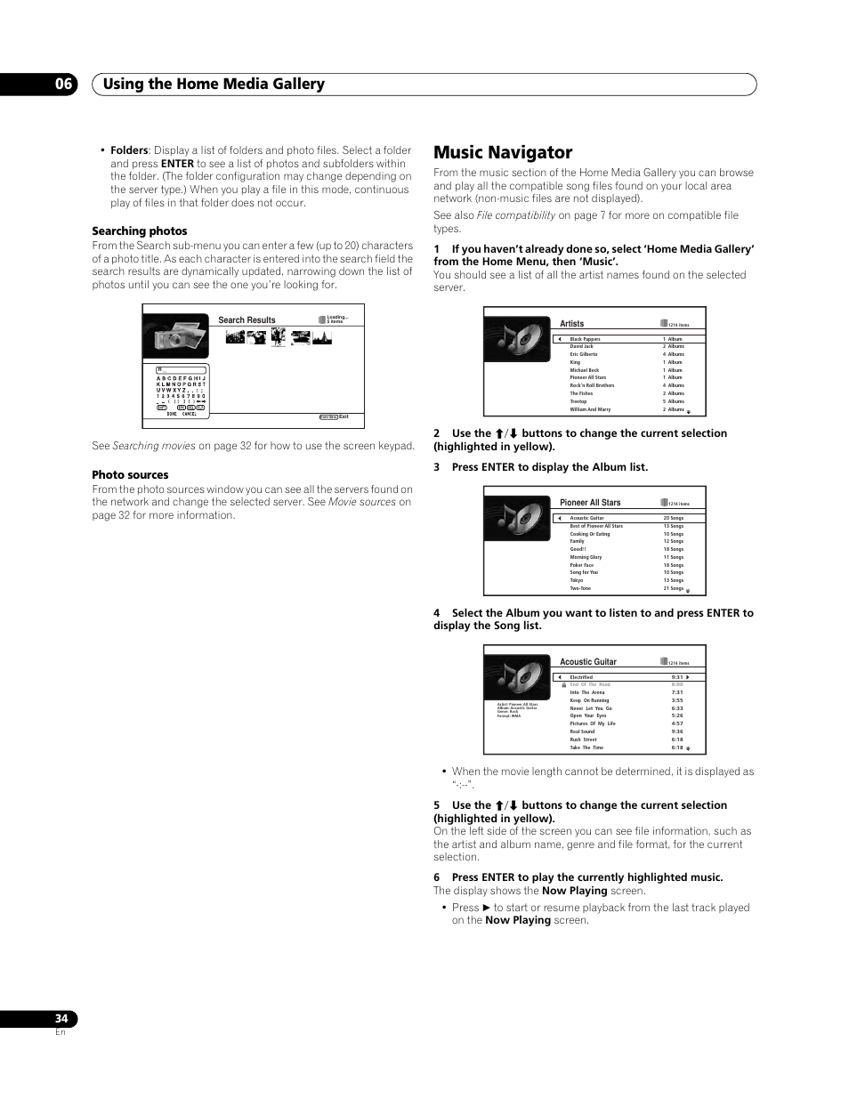 Music navigator, Using the home media gallery 06, Searching photos | Photo sources | Pioneer BDP-LX 70 User Manual | Page 34 / 64