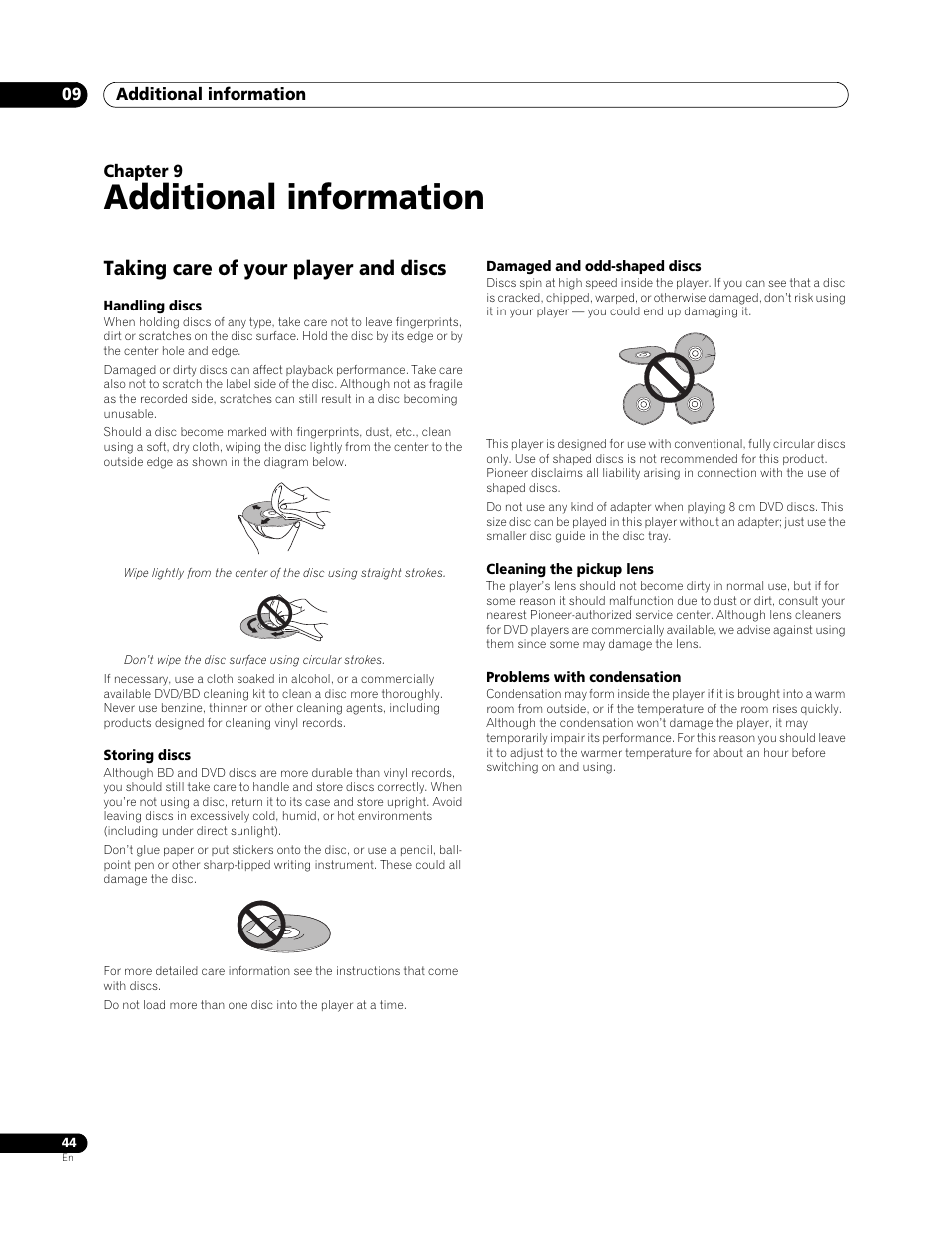09 additional information, Taking care of your player and discs, Additional information | Pioneer BDP-LX 70 User Manual | Page 44 / 64