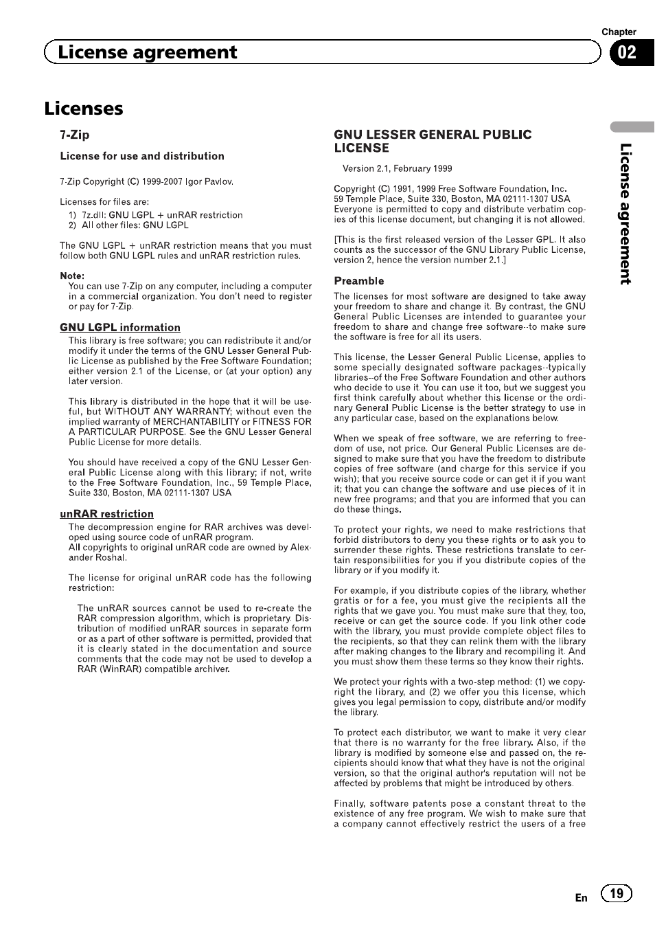 Licenses, License agreement | Pioneer 2010 NAVIGATION UPGRADE SD-CARD CNSD-130FM User Manual | Page 19 / 144