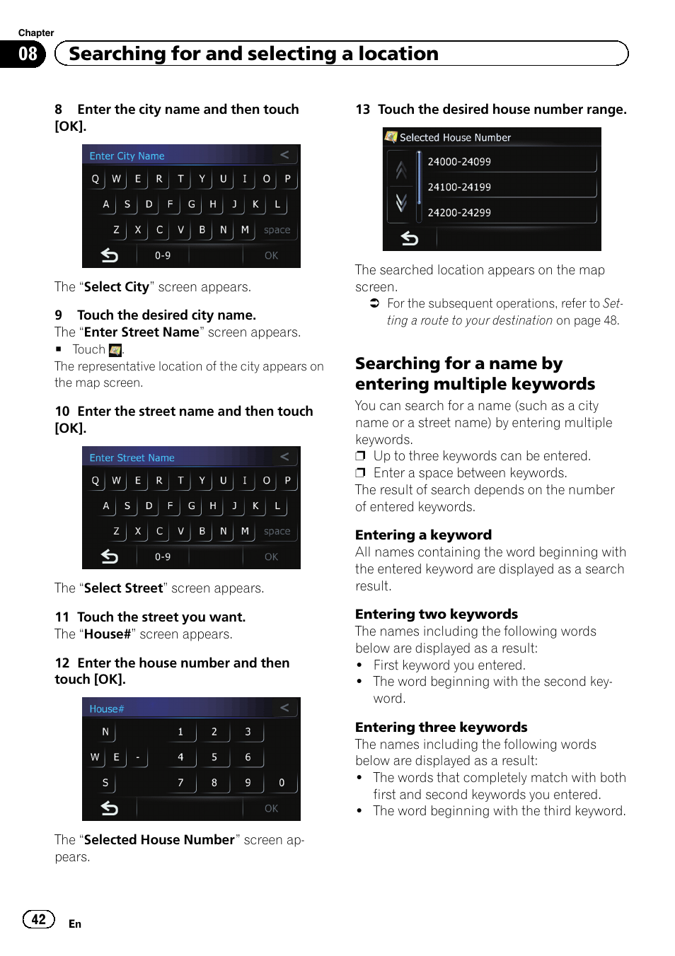 Searching for a name by entering, Multiple keywords, 08 searching for and selecting a location | Searching for a name by entering multiple keywords | Pioneer 2010 NAVIGATION UPGRADE SD-CARD CNSD-130FM User Manual | Page 42 / 144