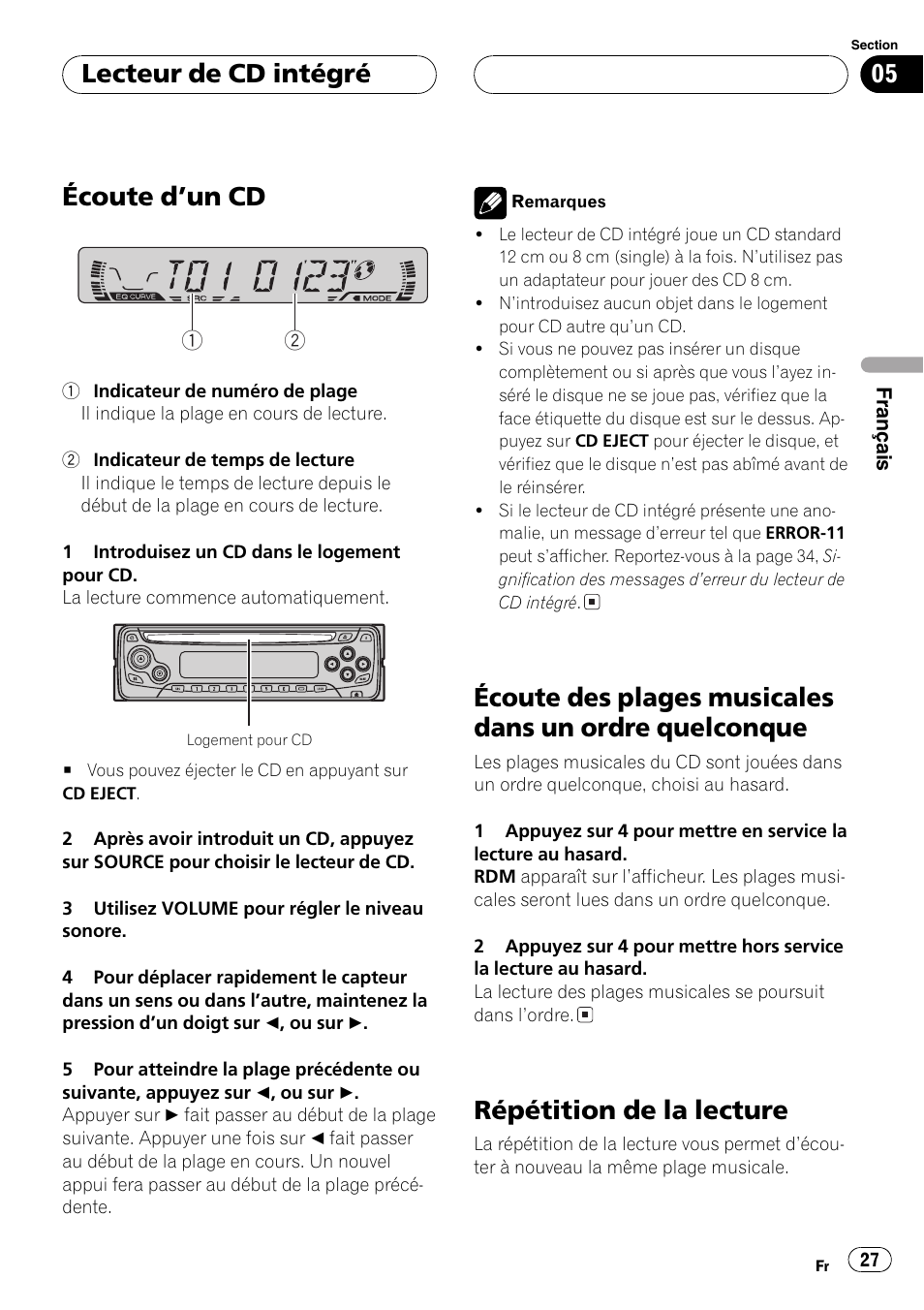 Quelconque 27, Répétition de la lecture 27, Écoute dun cd | Répétition de la lecture, Lecteur de cd intégré | Pioneer DEH-1600 User Manual | Page 27 / 56