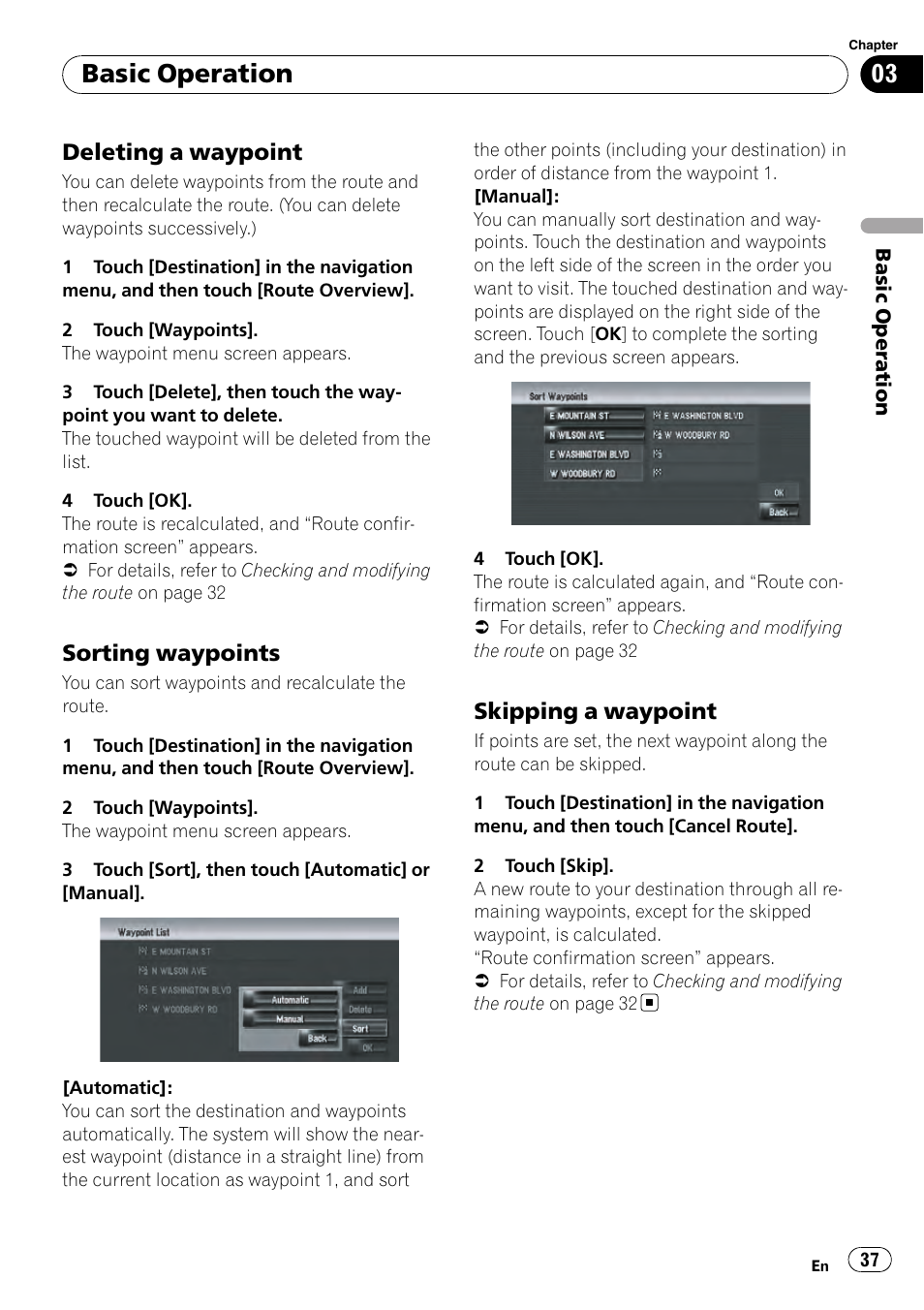 Deleting a waypoint 37, Sorting waypoints 37, Skipping a waypoint 37 | Basic operation, Deleting a waypoint, Sorting waypoints, Skipping a waypoint | Pioneer AVIC-Z3 User Manual | Page 37 / 211