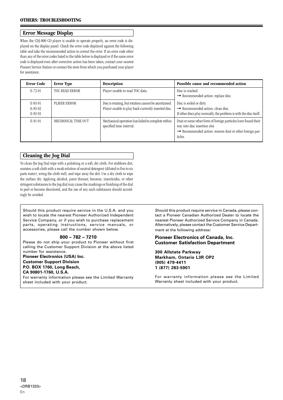 Error message display, Cleaning the jog dial | Pioneer CDJ-800 User Manual | Page 18 / 20