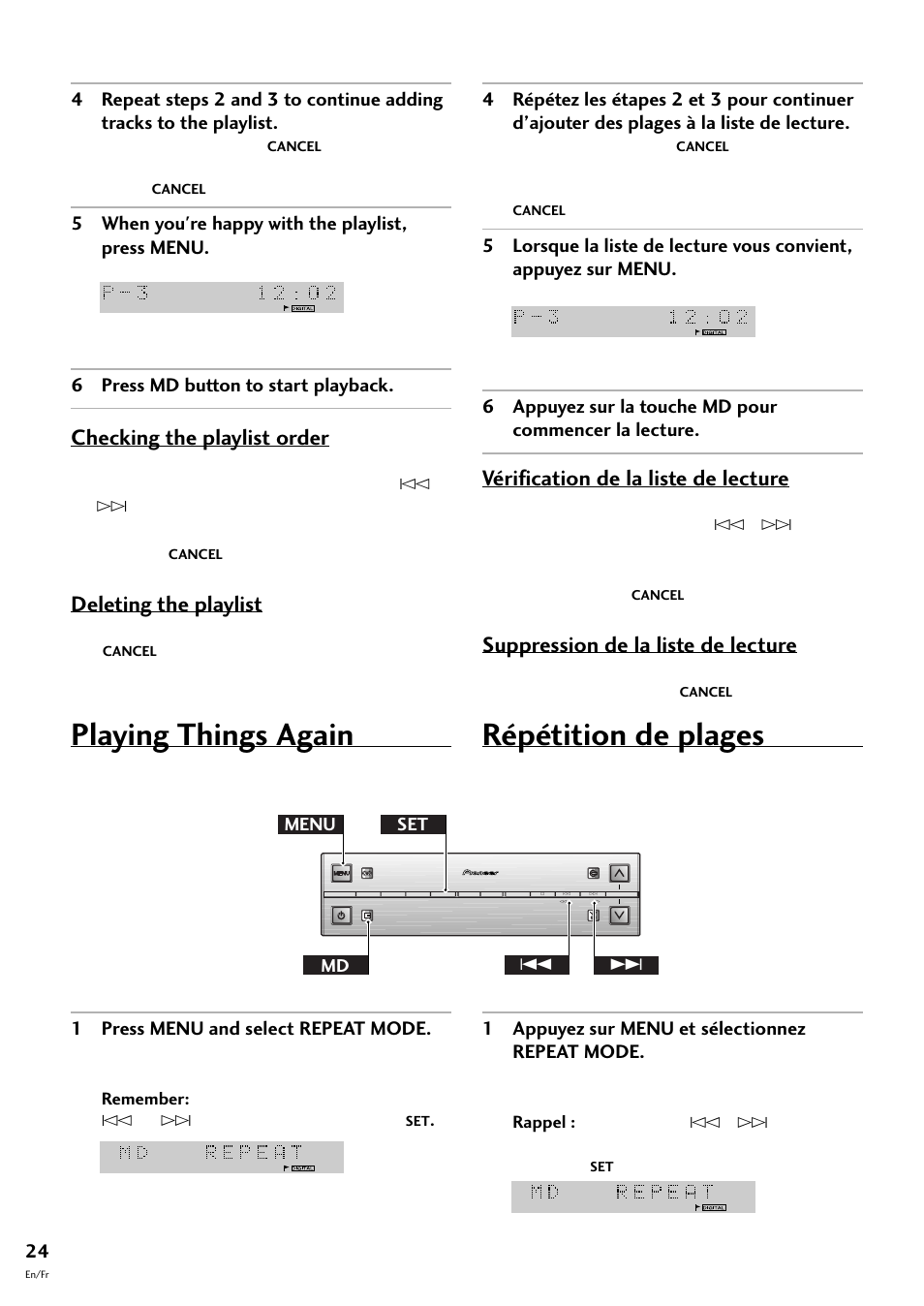 Playing things again, Répétition de plages, Checking the playlist order | Deleting the playlist, Vérification de la liste de lecture, Suppression de la liste de lecture, 5 when you're happy with the playlist, press menu, 1 appuyez sur menu et sélectionnez repeat mode | Pioneer MJ-L77 User Manual | Page 24 / 100