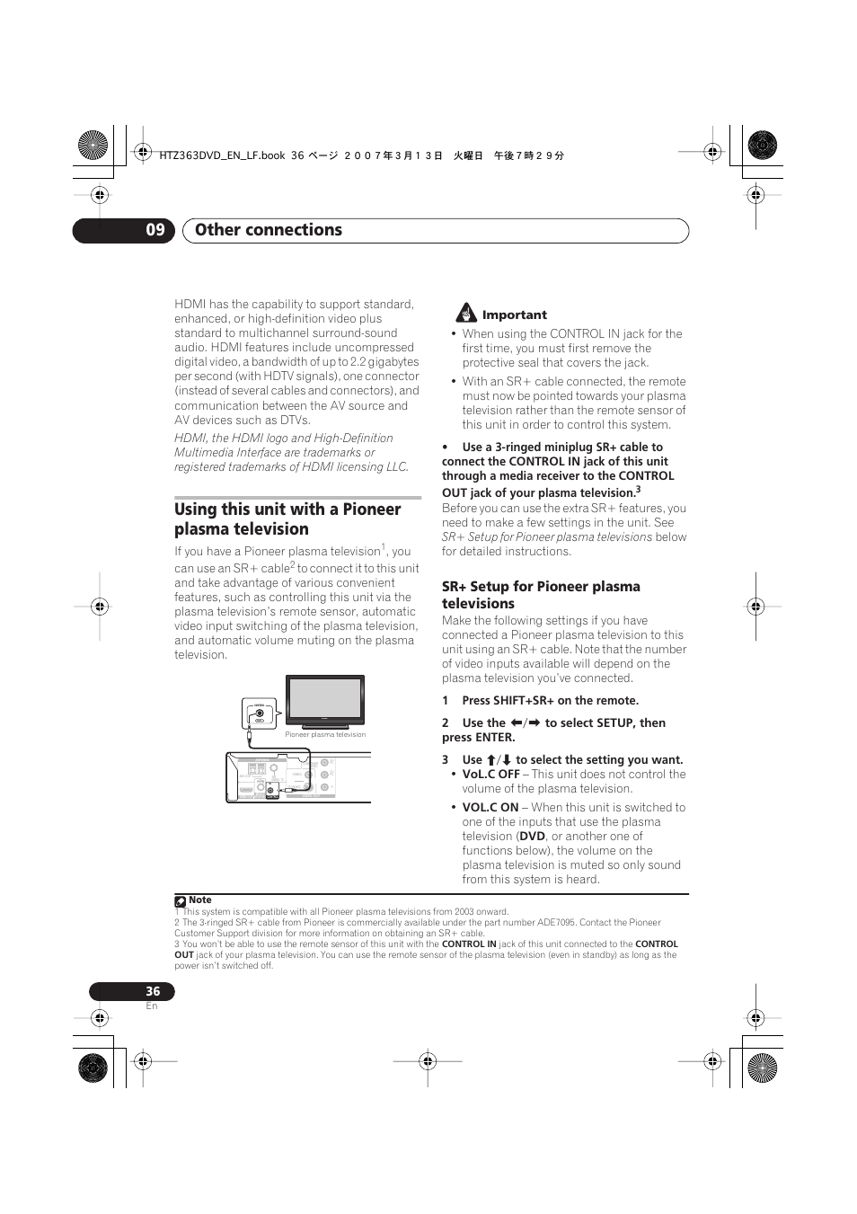 Using this unit with a pioneer plasma television, Sr+ setup for pioneer plasma televisions, Other connections 09 | Pioneer S-DV2T User Manual | Page 36 / 102