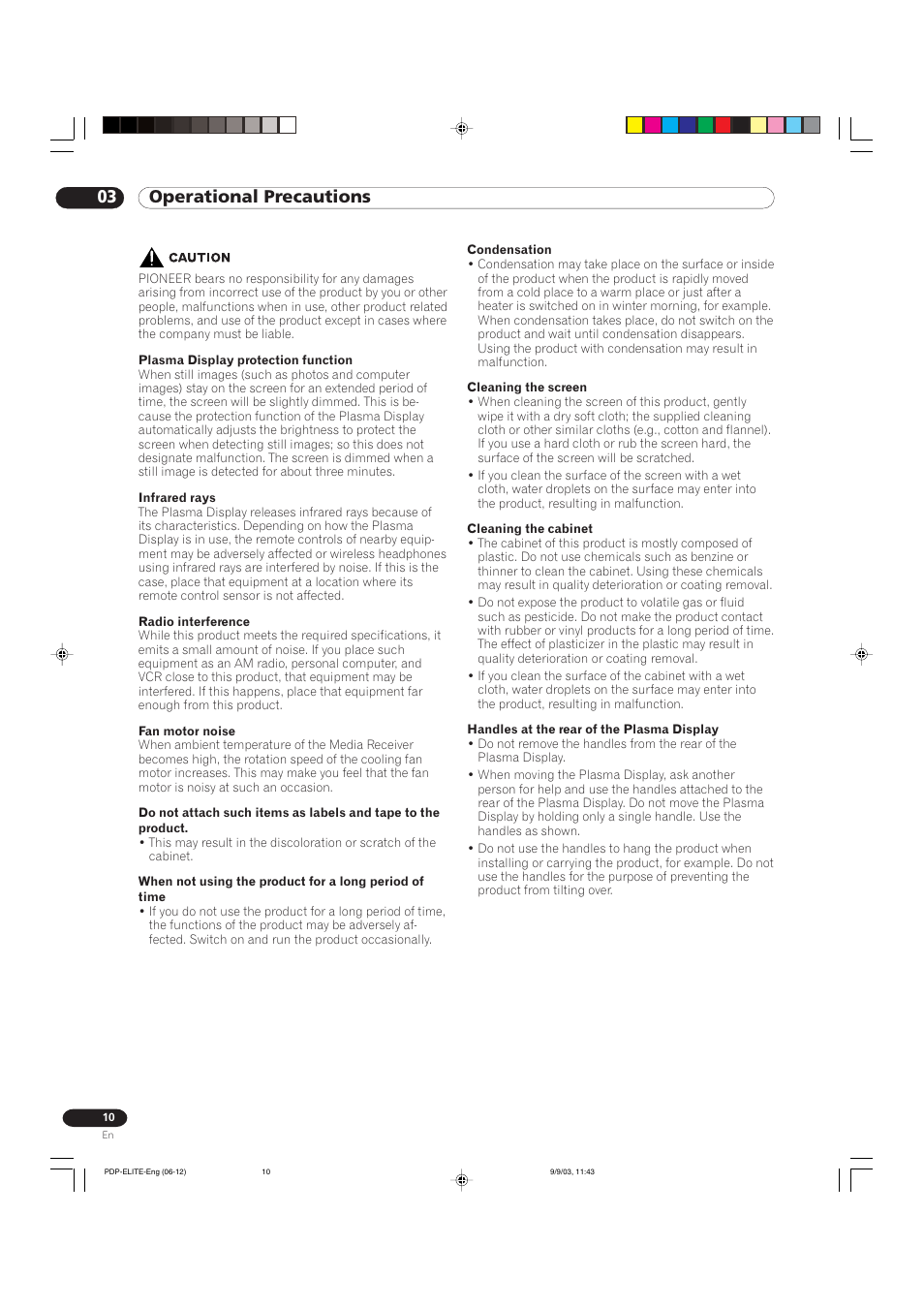 03 operational precautions | Pioneer Elite PureVision PRO 1110HD User Manual | Page 10 / 120