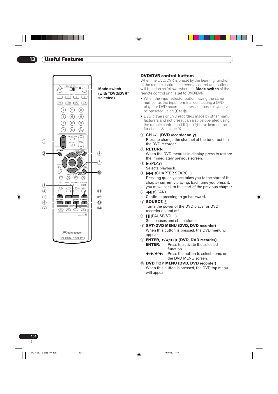 13 useful features | Pioneer Elite PureVision PRO 1110HD User Manual | Page 104 / 120