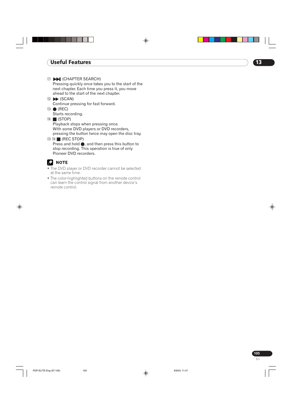 13 useful features | Pioneer Elite PureVision PRO 1110HD User Manual | Page 105 / 120