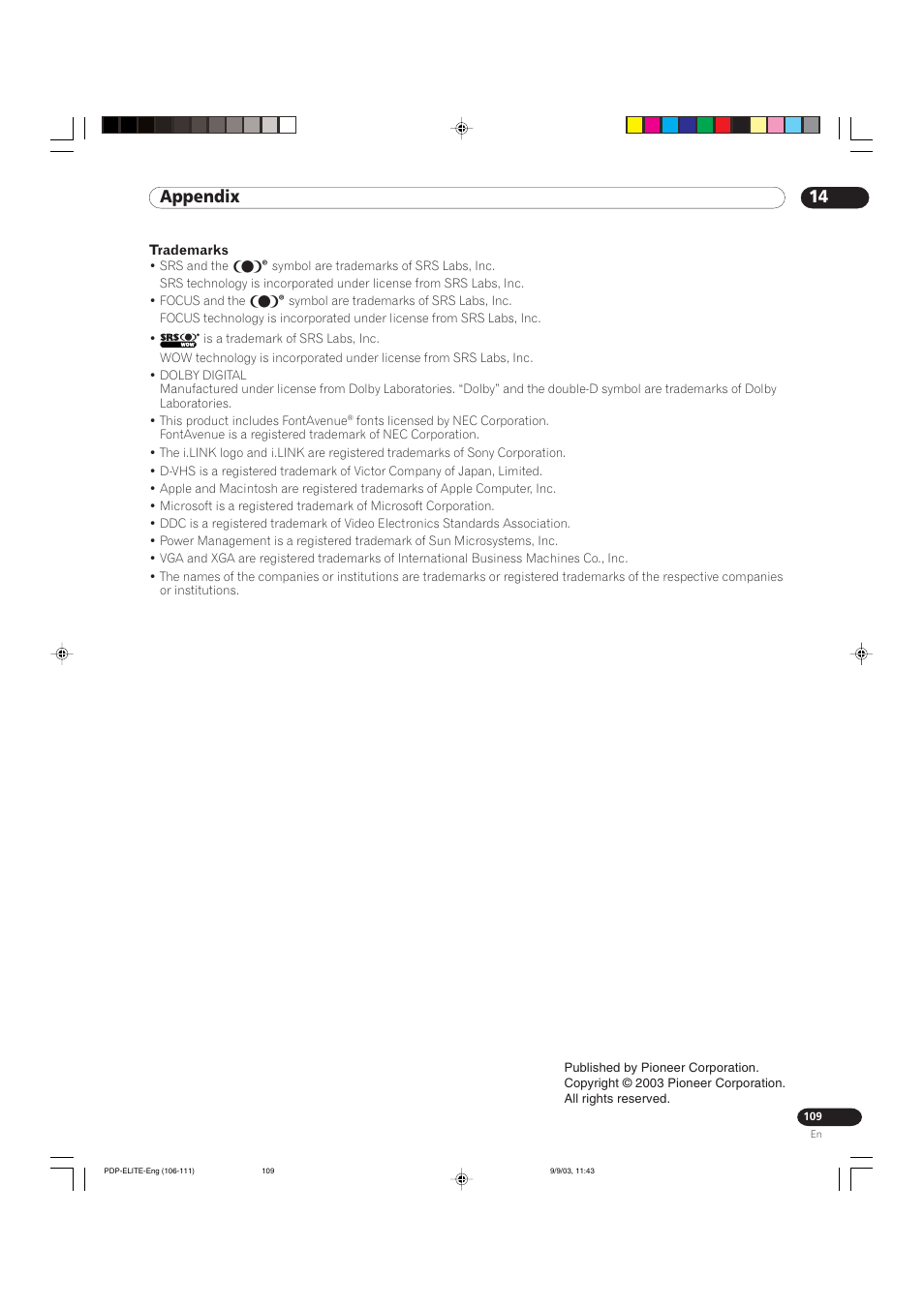 14 appendix | Pioneer Elite PureVision PRO 1110HD User Manual | Page 109 / 120