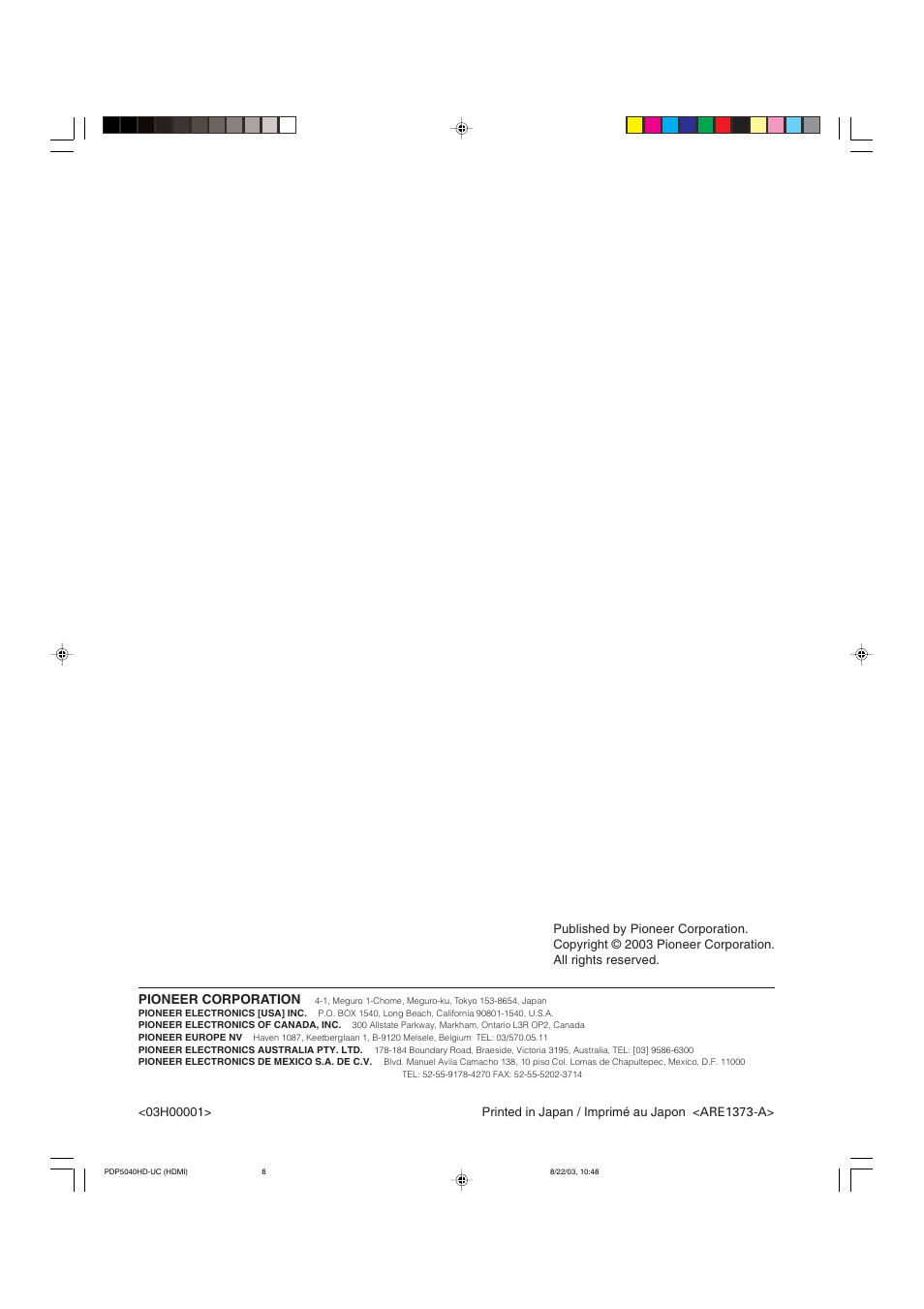 Pioneer Elite PureVision PRO 1110HD User Manual | Page 120 / 120