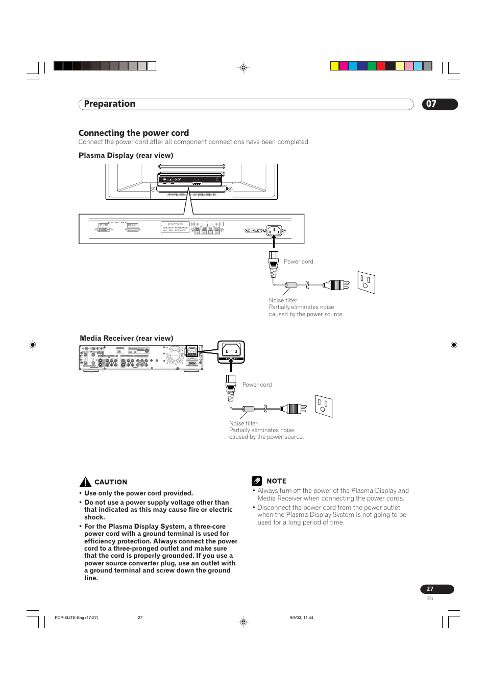 07 preparation, Connecting the power cord | Pioneer Elite PureVision PRO 1110HD User Manual | Page 27 / 120