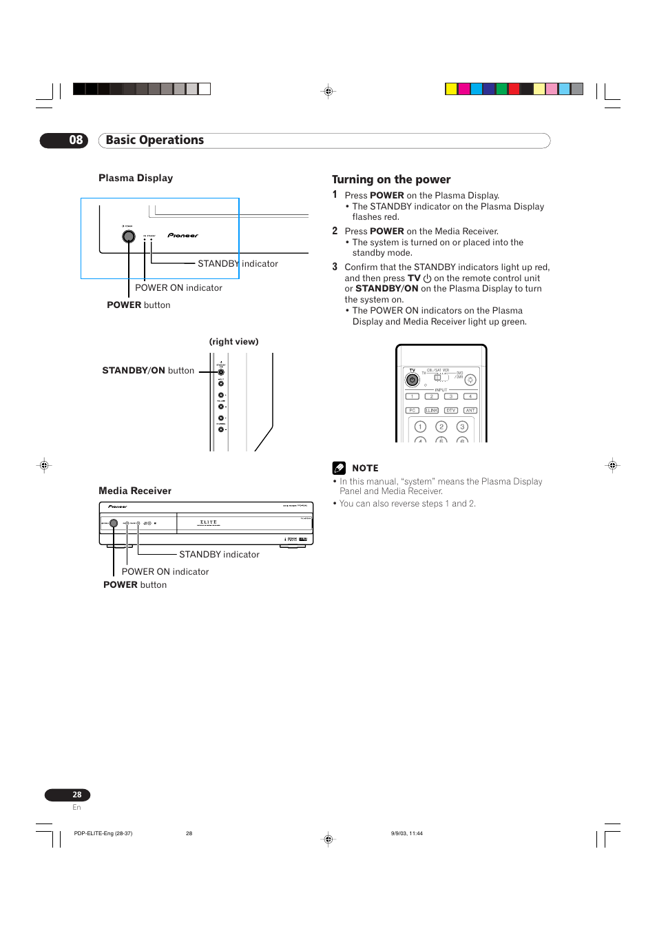 08 basic operations, Turning on the power | Pioneer Elite PureVision PRO 1110HD User Manual | Page 28 / 120