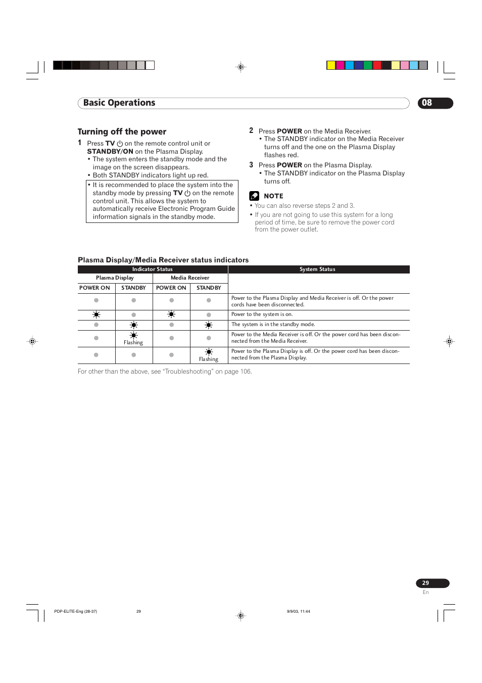 08 basic operations, Turning off the power | Pioneer Elite PureVision PRO 1110HD User Manual | Page 29 / 120