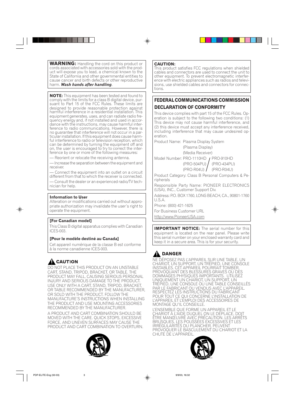 Pioneer Elite PureVision PRO 1110HD User Manual | Page 3 / 120