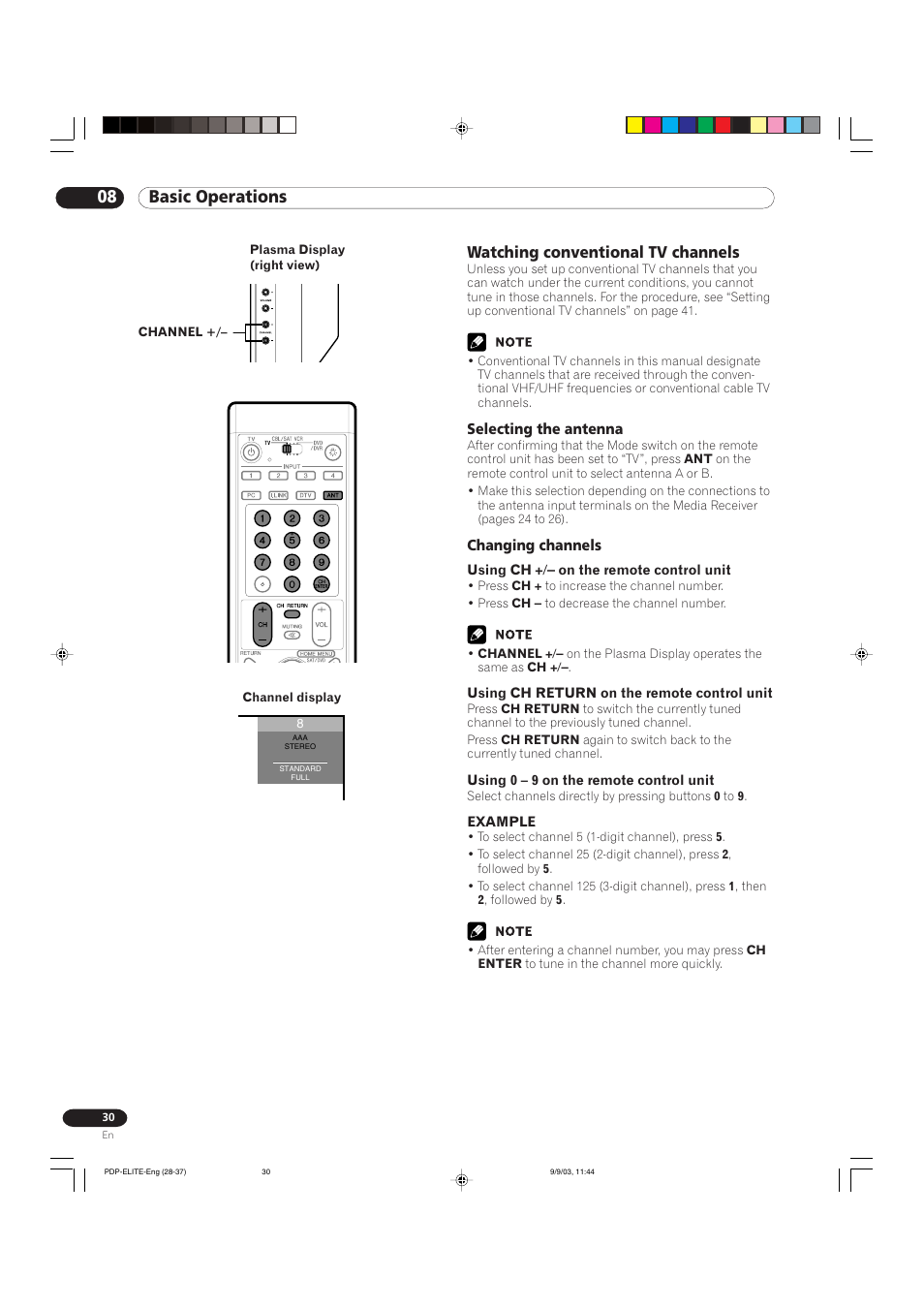 08 basic operations, Watching conventional tv channels | Pioneer Elite PureVision PRO 1110HD User Manual | Page 30 / 120