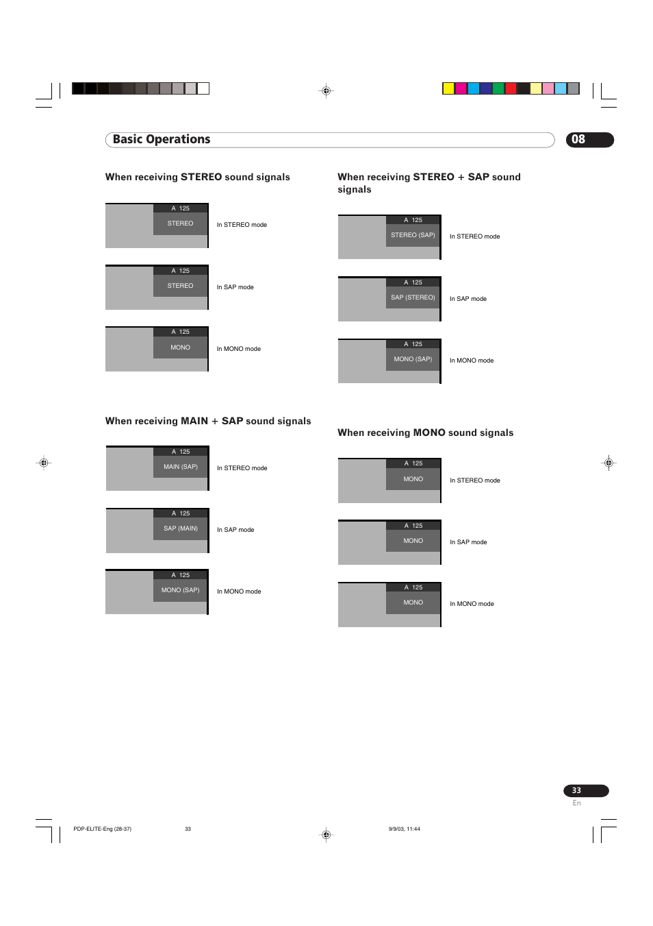 08 basic operations, When receiving stereo sound signals, When receiving main + sap sound signals | When receiving stereo + sap sound signals, When receiving mono sound signals | Pioneer Elite PureVision PRO 1110HD User Manual | Page 33 / 120