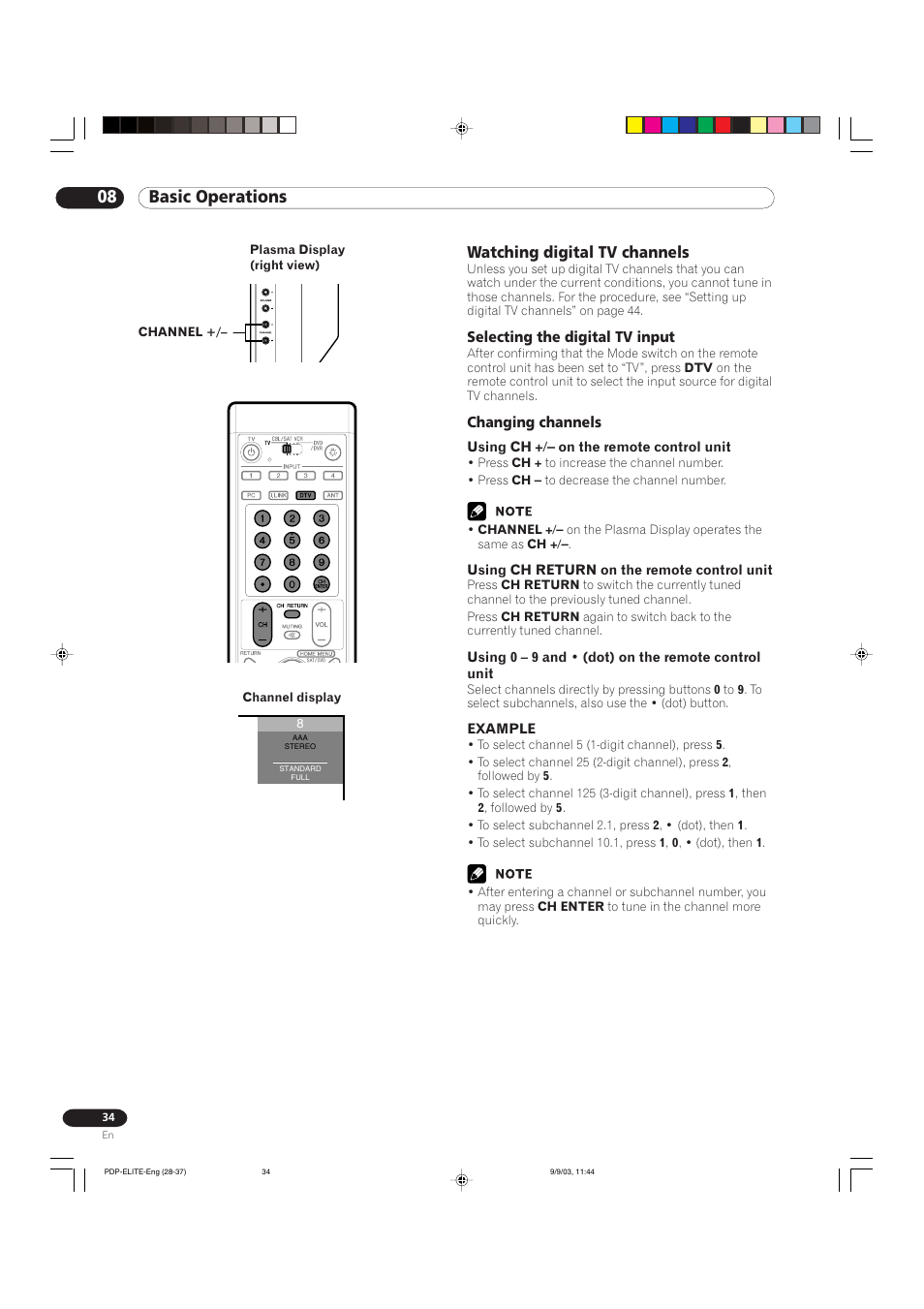 08 basic operations, Watching digital tv channels | Pioneer Elite PureVision PRO 1110HD User Manual | Page 34 / 120